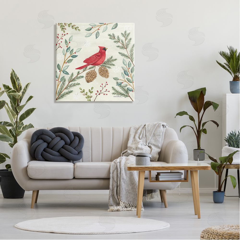 Deb Strain Cardinal & Pinecones in Winter Canvas Wall Art in Room