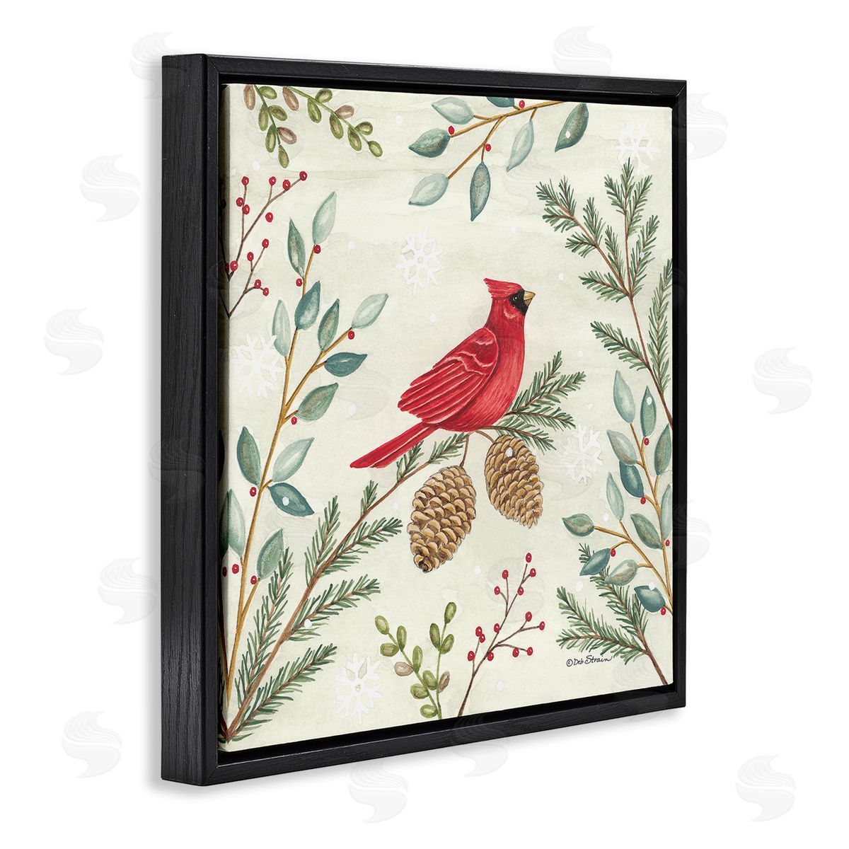 Deb Strain Cardinal & Pinecones in Winter Black Floating Frame Canvas Wall Art Print