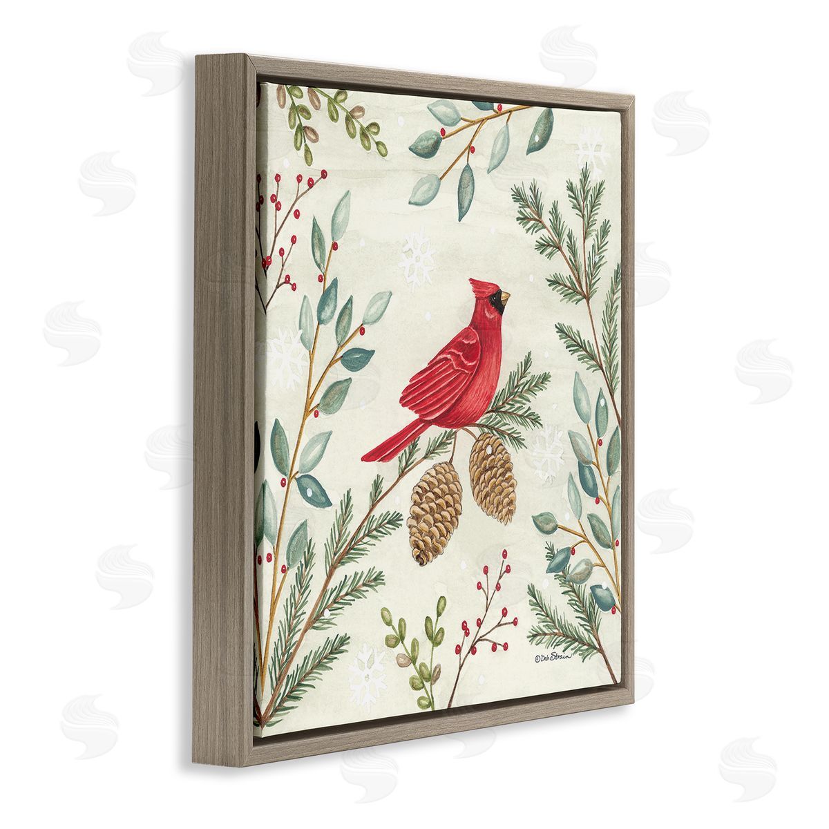 Deb Strain Cardinal & Pinecones in Winter Brown Floating Frame Canvas Wall Art Print