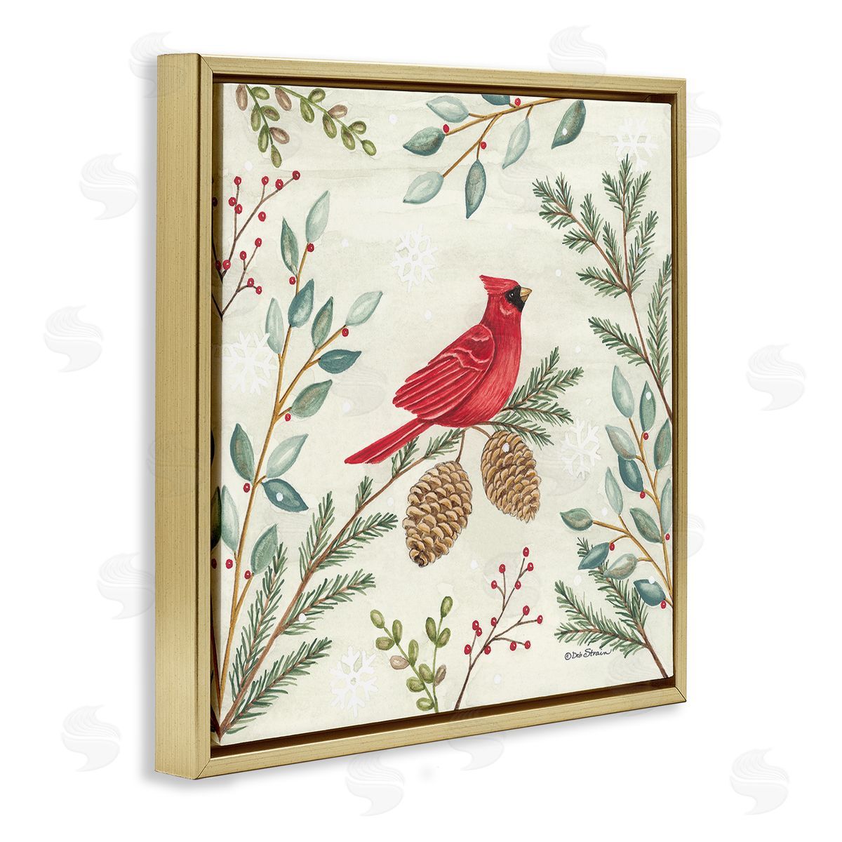 Deb Strain Cardinal & Pinecones in Winter Gold Floating Frame Canvas Wall Art Print