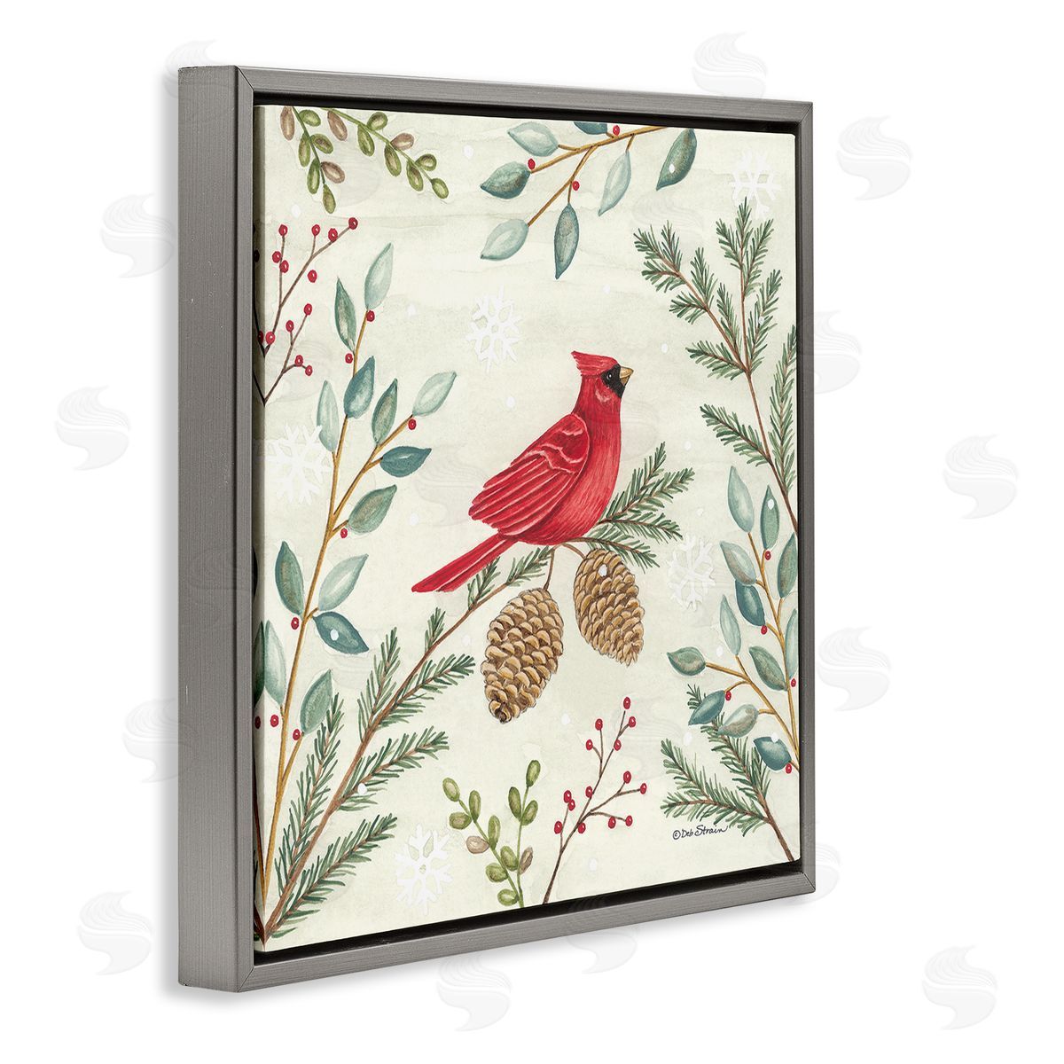 Deb Strain Cardinal & Pinecones in Winter Gray Floating Frame Canvas Wall Art Print