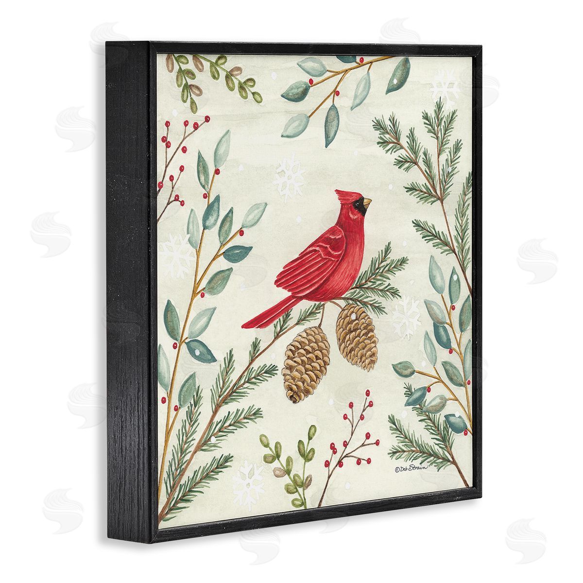 Deb Strain Cardinal & Pinecones in Winter Black Framed Glicee Wall Art Print
