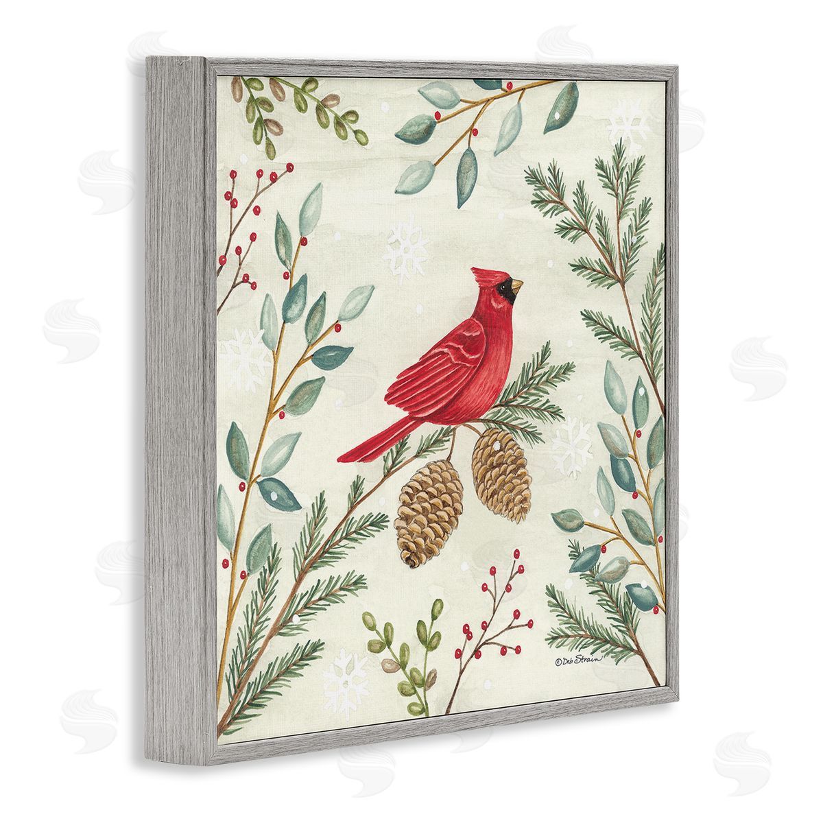 Deb Strain Cardinal & Pinecones in Winter Gray Framed Glicee Wall Art Print