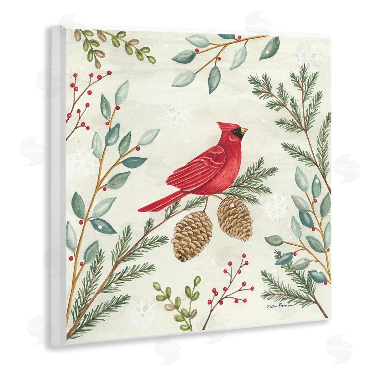 Deb Strain Cardinal & Pinecones in Winter Wooden Wall Plaque Art Print