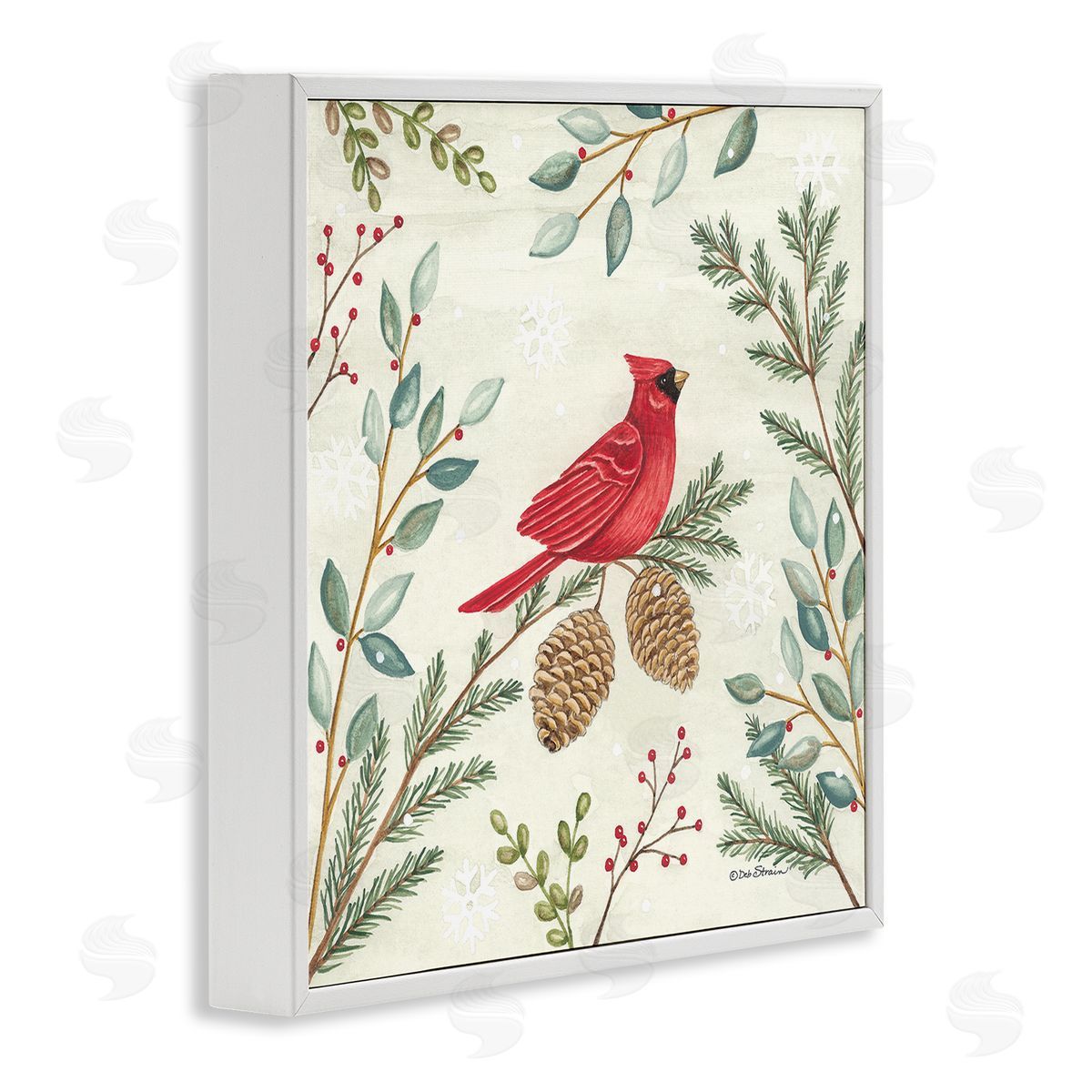 Deb Strain Cardinal & Pinecones in Winter White Framed Glicee Wall Art Print