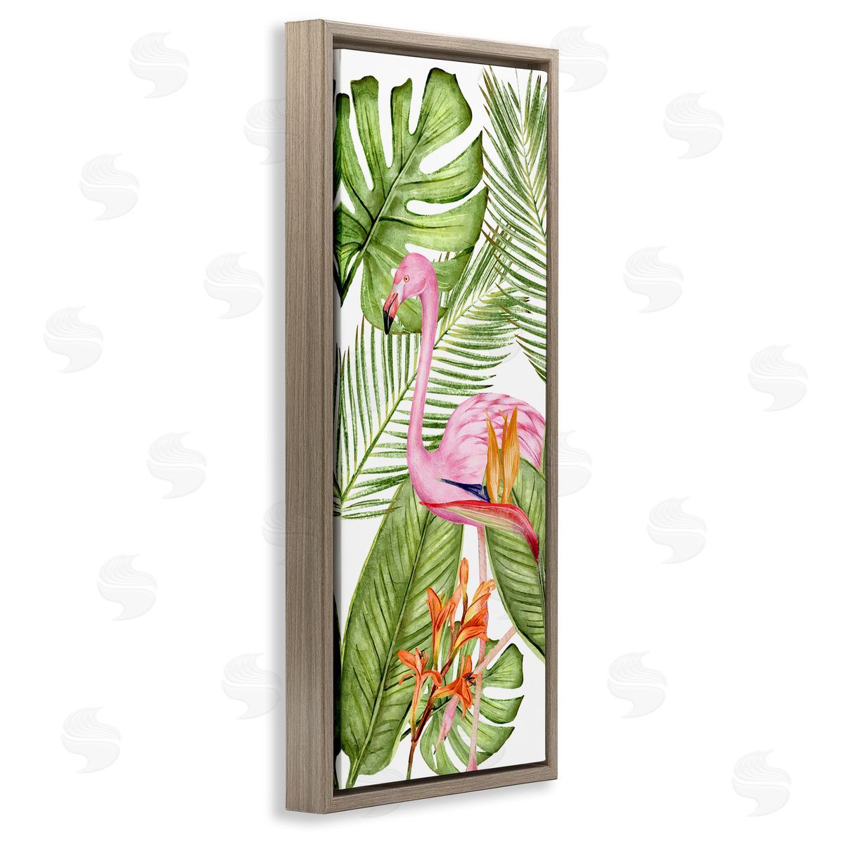Tropical Plants & Flamingo Brown Floating Frame Canvas Wall Art, Home Decor by Kim Allen