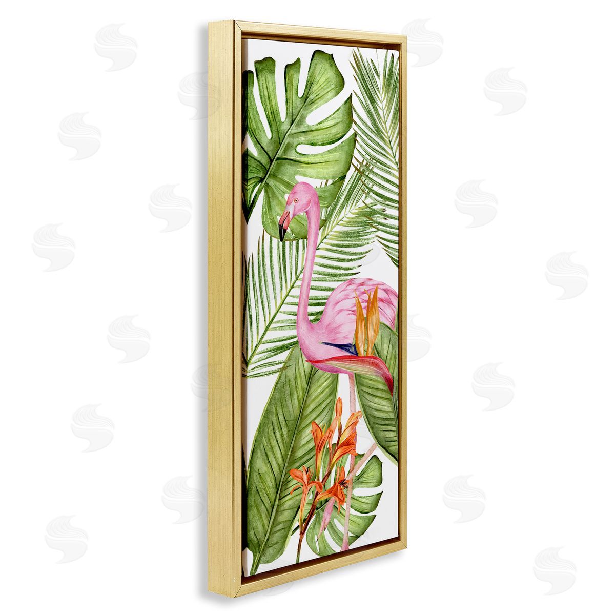Tropical Plants & Flamingo Gold Floating Frame Canvas Wall Art, Home Decor by Kim Allen