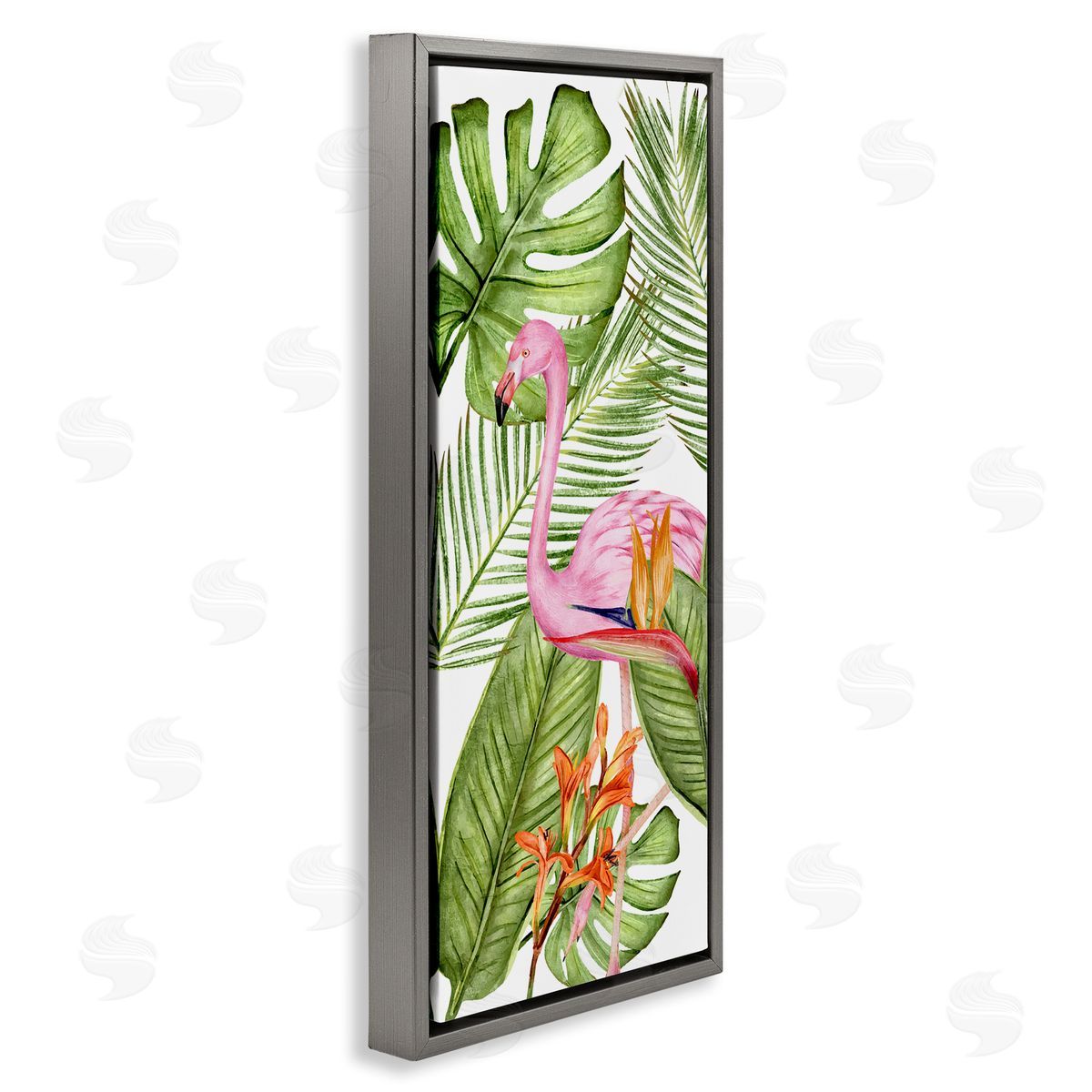 Tropical Plants & Flamingo Grey Floating Frame Canvas Wall Art, Home Decor by Kim Allen