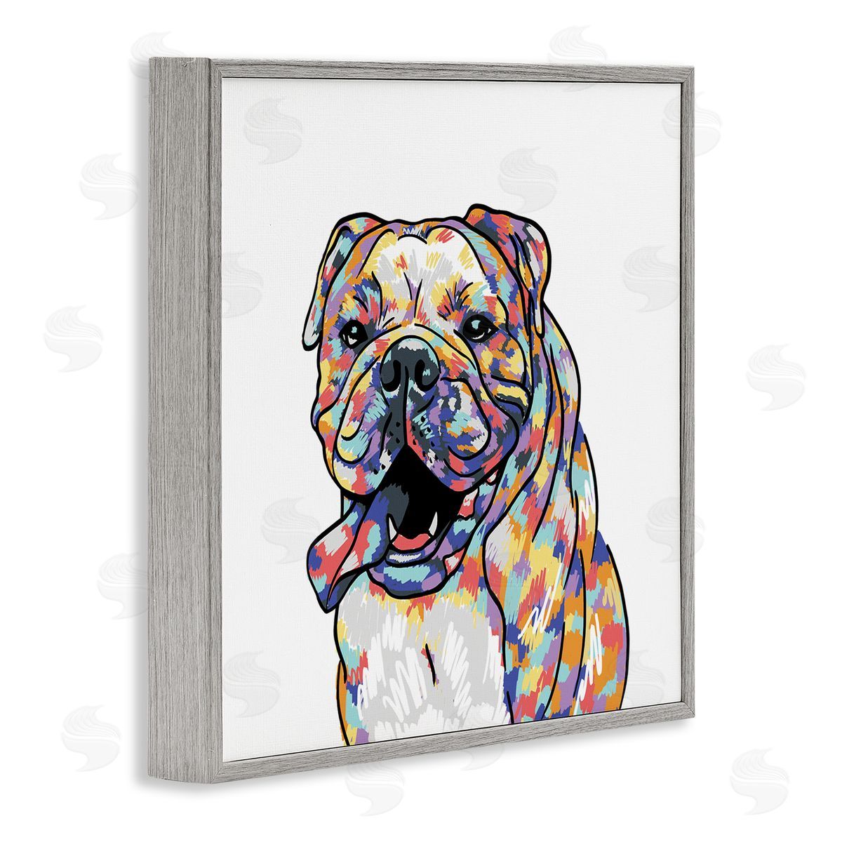 Masey St. Studios Happy Bulldog Portrait Gray Framed Glicee Wall Art Print