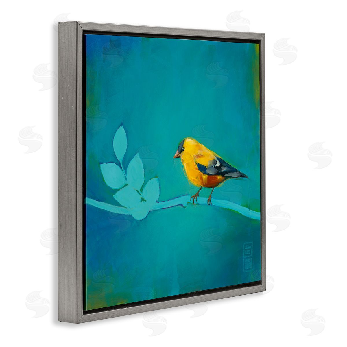 Stacy D'Aguiar Canary with Abstract Branch Gray Floating Frame Canvas Wall Art Print