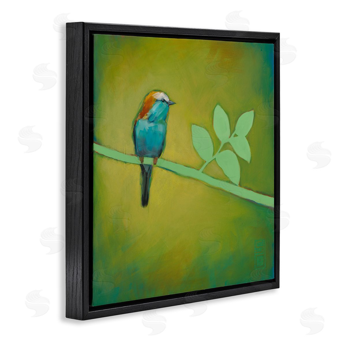 Stacy D'Aguiar Bird on Green Branch Black Floating Frame Canvas Wall Art Print