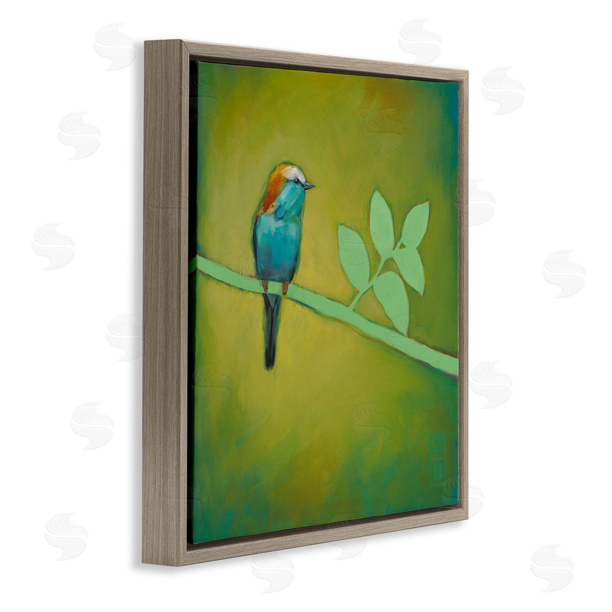 Stacy D'Aguiar Bird on Green Branch Brown Floating Frame Canvas Wall Art Print