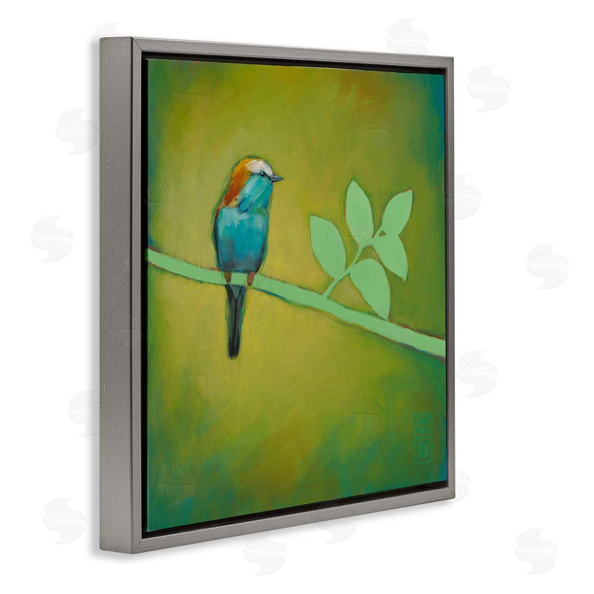 Stacy D'Aguiar Bird on Green Branch Gray Floating Frame Canvas Wall Art Print