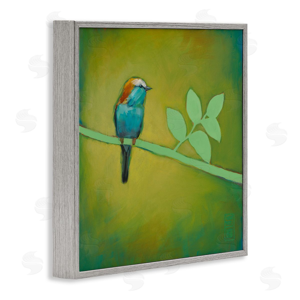Stacy D'Aguiar Bird on Green Branch Gray Framed Glicee Wall Art Print