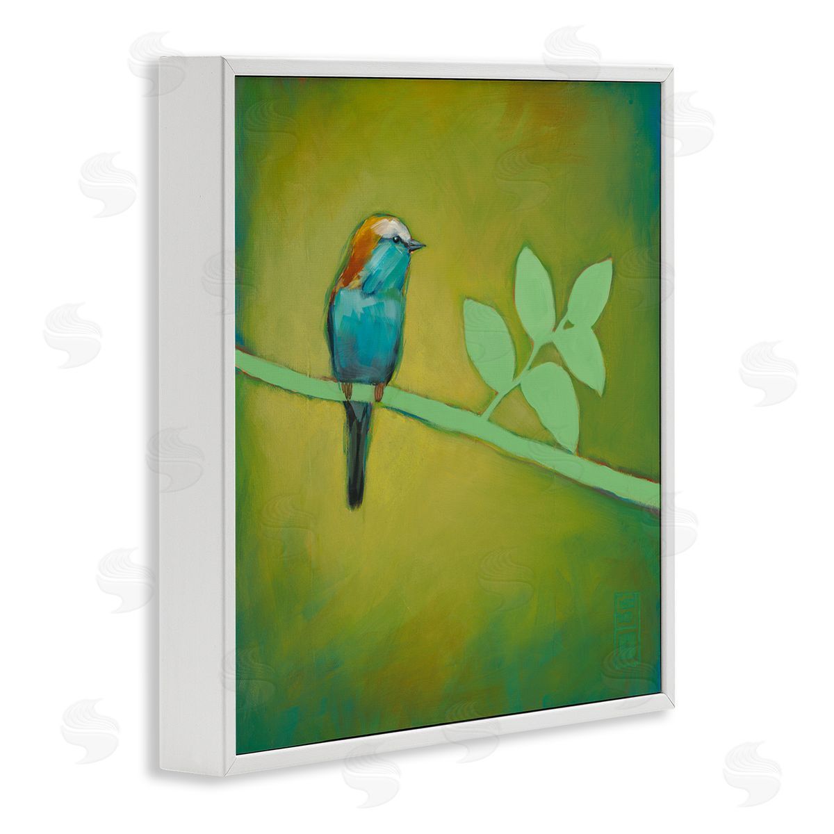 Stacy D'Aguiar Bird on Green Branch White Framed Glicee Wall Art Print