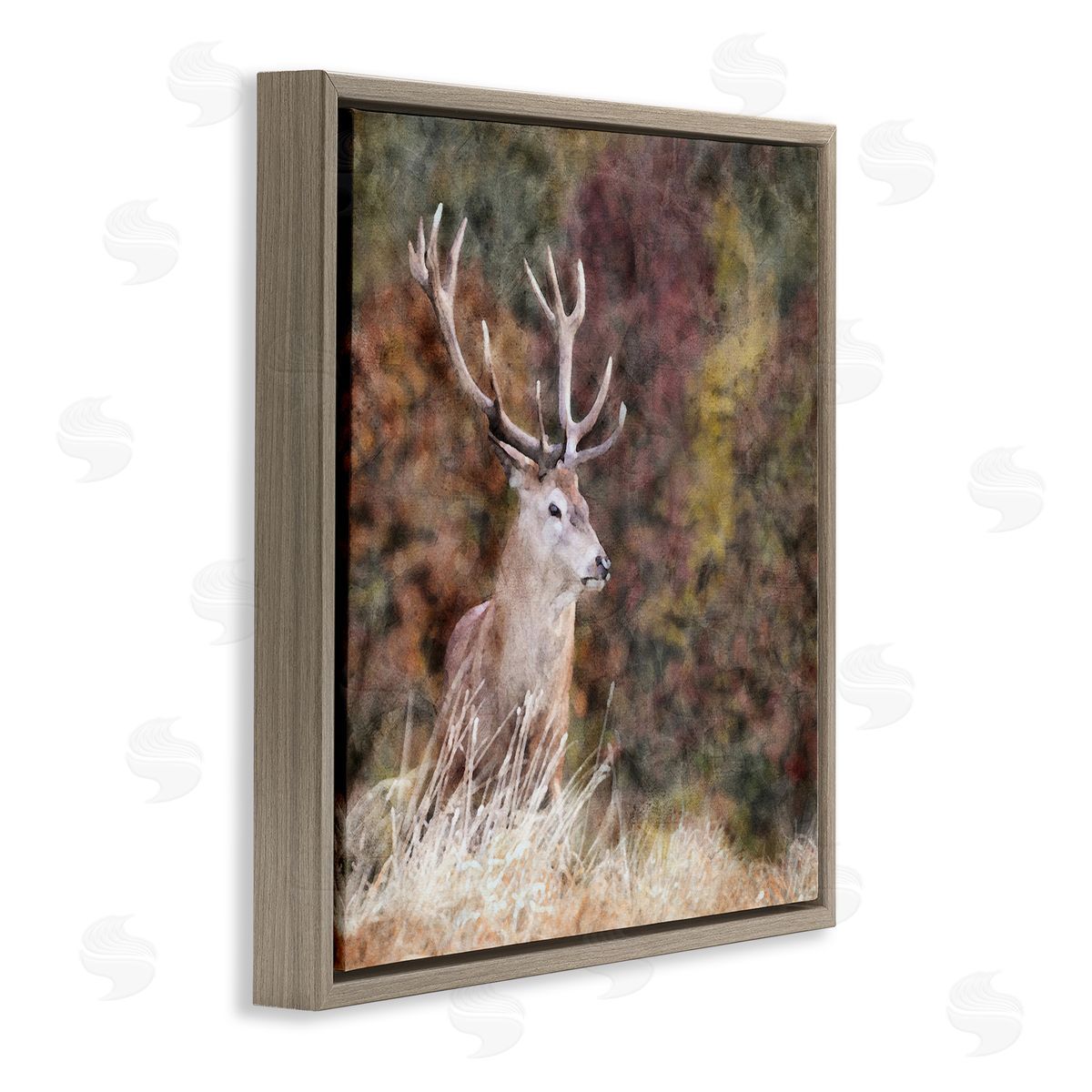 LSR Design Studio Deer in Forest Nature Brown Floating Frame Canvas Wall Art Print