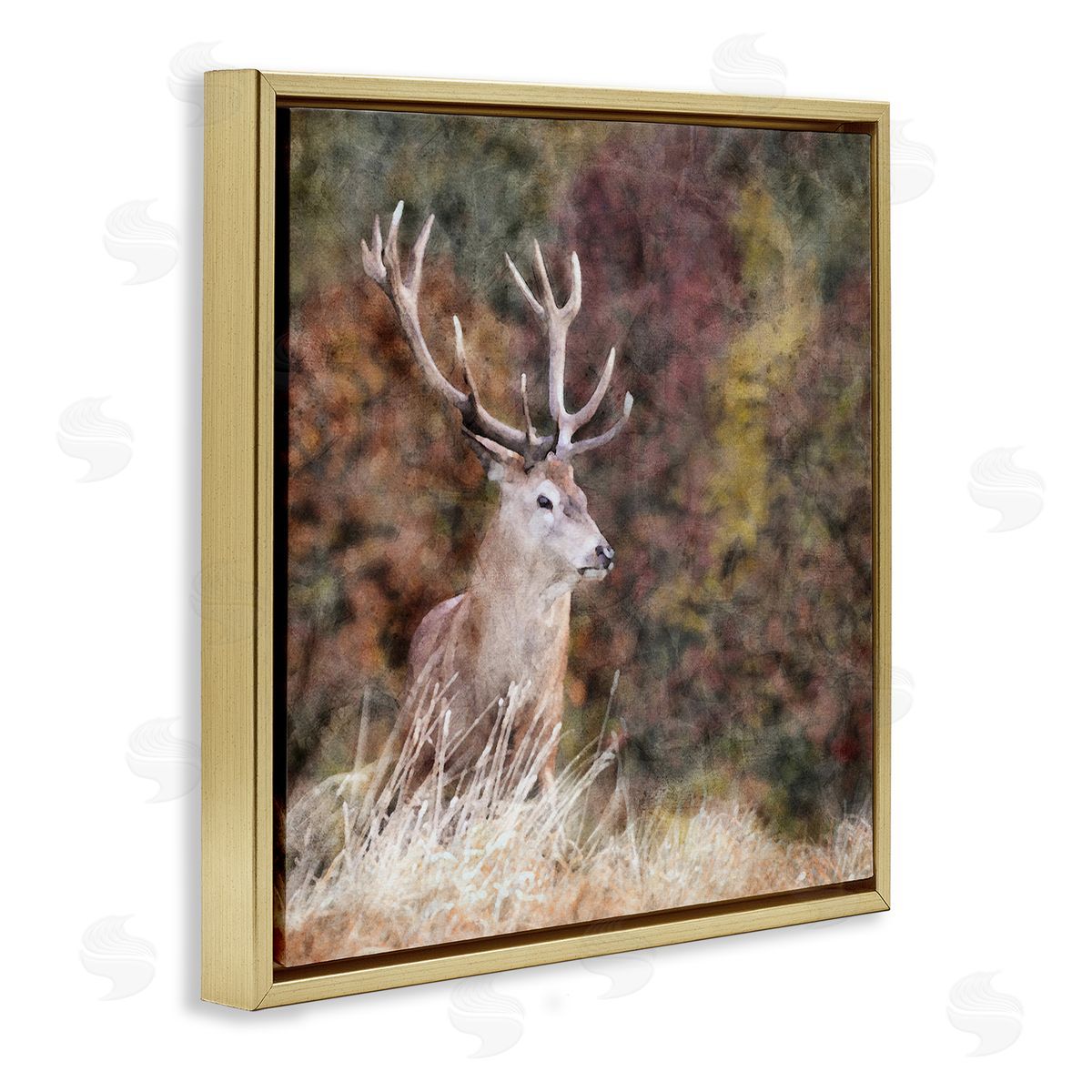 LSR Design Studio Deer in Forest Nature Gold Floating Frame Canvas Wall Art Print