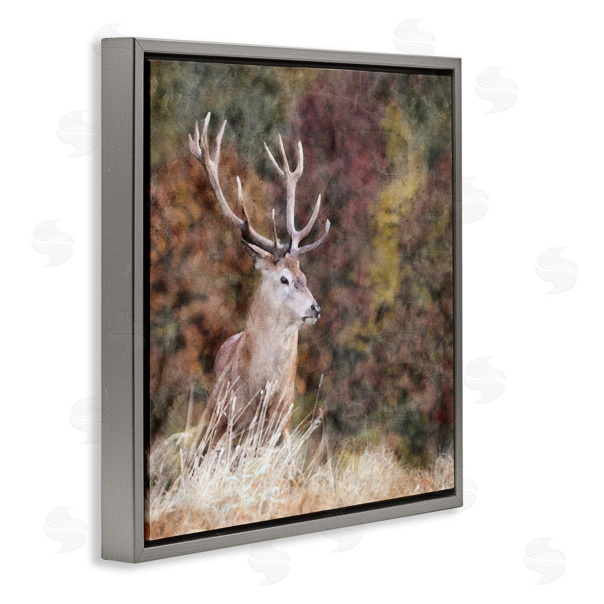 LSR Design Studio Deer in Forest Nature Gray Floating Frame Canvas Wall Art Print