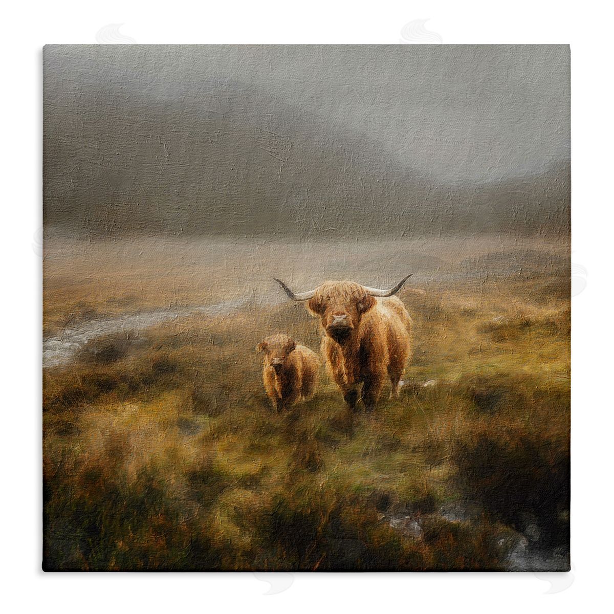 Paul Brent Highland Cows Rural Landscape Stretched Canvas Wall Art Print
