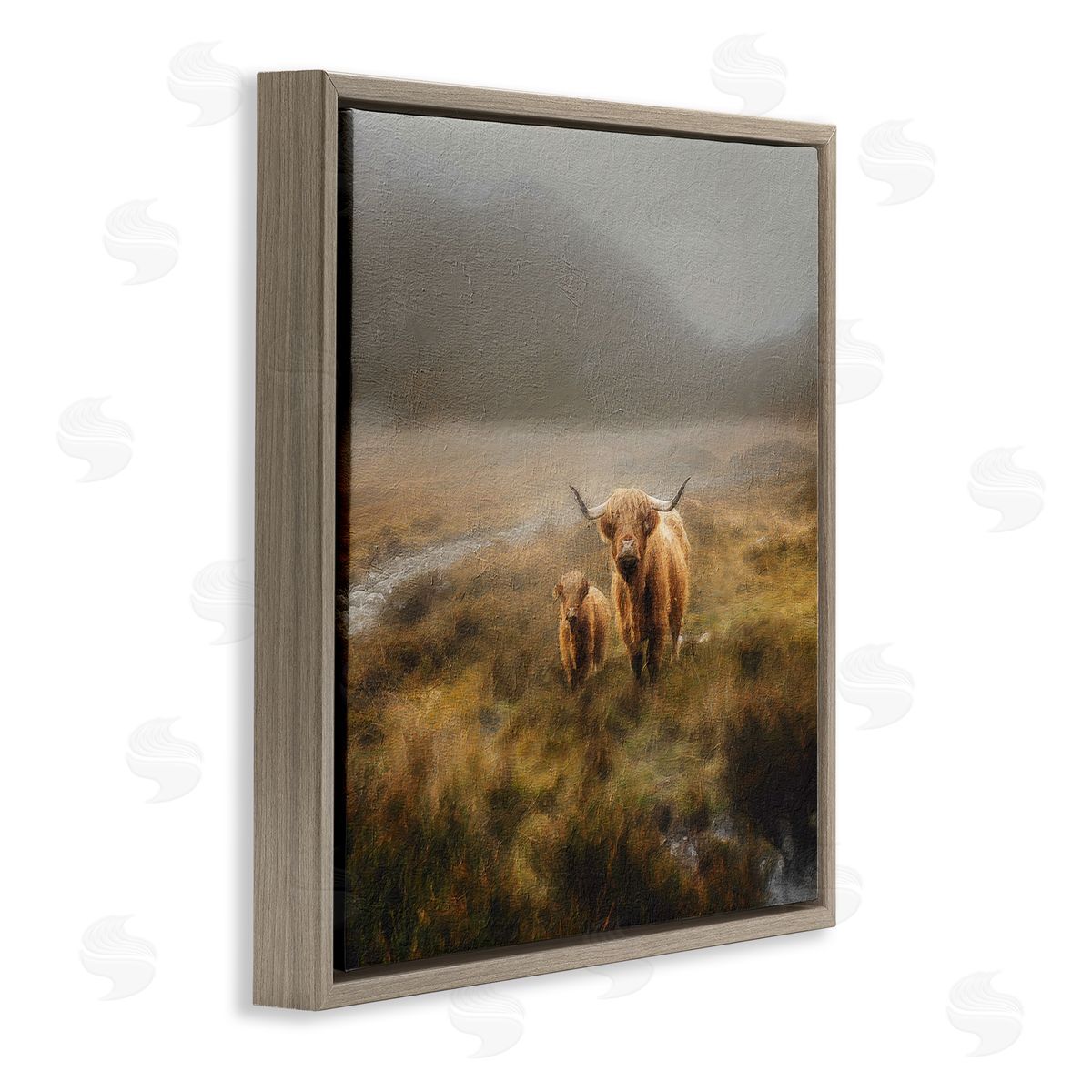Paul Brent Highland Cows Rural Landscape Brown Floating Frame Canvas Wall Art Print