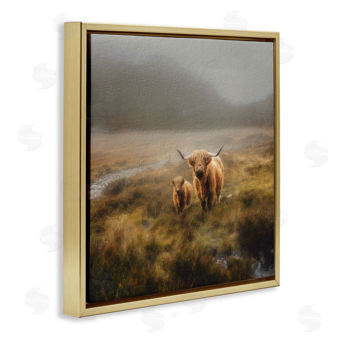Paul Brent Highland Cows Rural Landscape Gold Floating Frame Canvas Wall Art Print