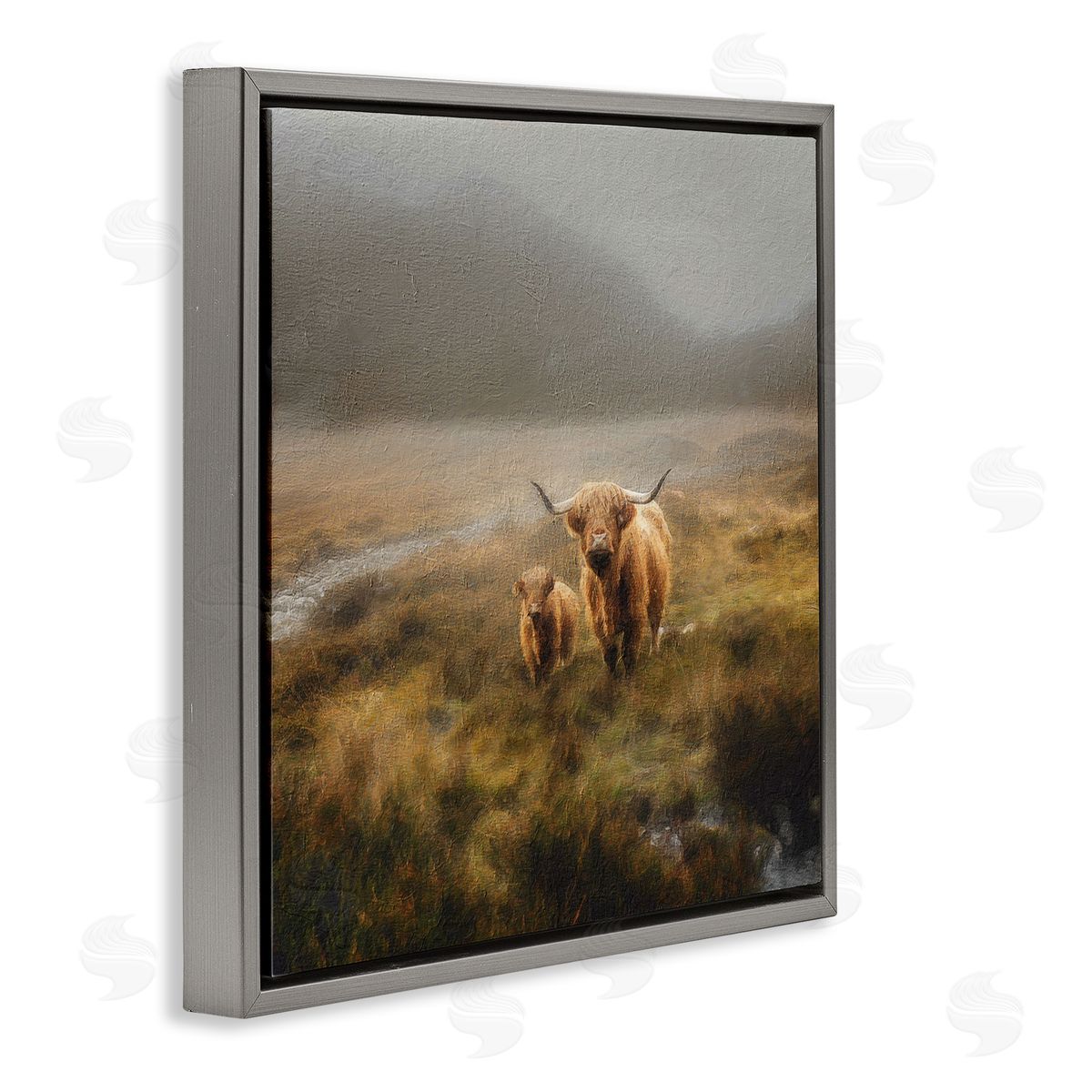 Paul Brent Highland Cows Rural Landscape Gray Floating Frame Canvas Wall Art Print