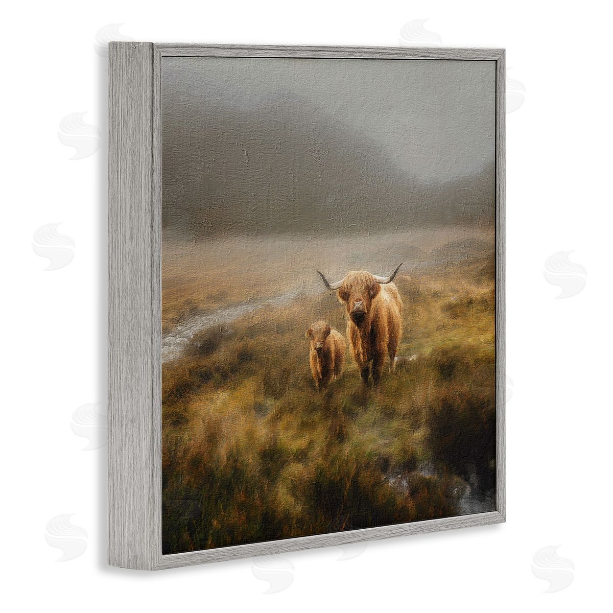 Paul Brent Highland Cows Rural Landscape Gray Framed Glicee Wall Art Print