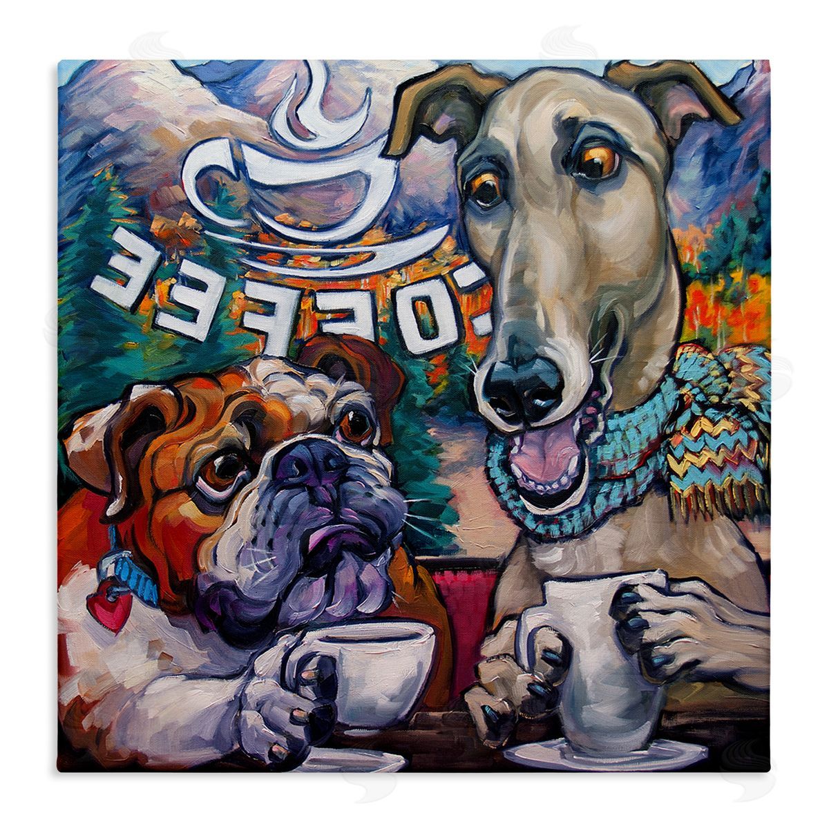CR Townsend Dogs at Coffee Shop Stretched Canvas Wall Art Print