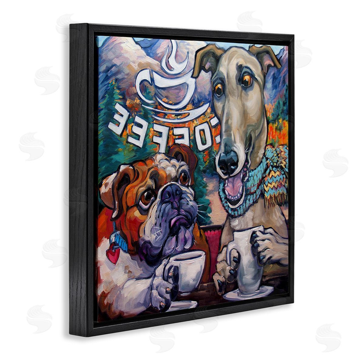 CR Townsend Dogs at Coffee Shop Black Floating Frame Canvas Wall Art Print