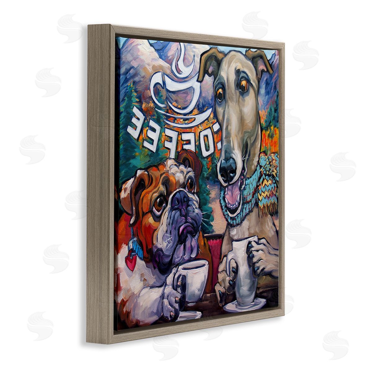 CR Townsend Dogs at Coffee Shop Brown Floating Frame Canvas Wall Art Print