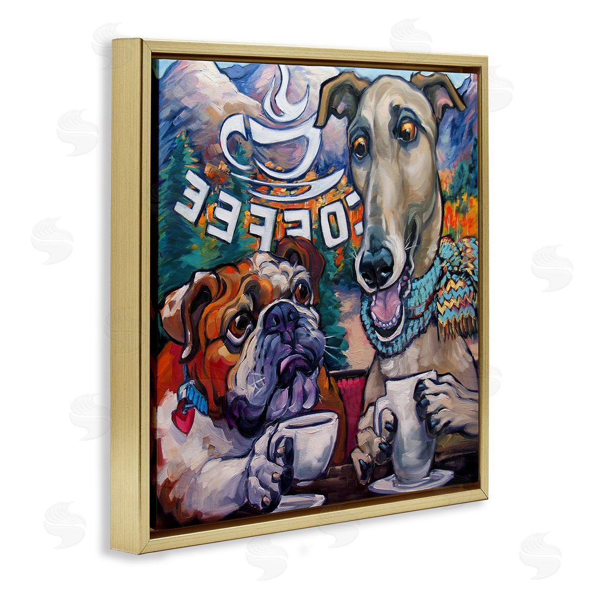 CR Townsend Dogs at Coffee Shop Gold Floating Frame Canvas Wall Art Print