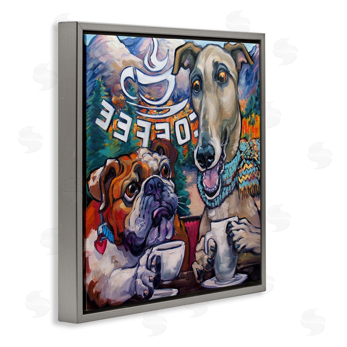 CR Townsend Dogs at Coffee Shop Gray Floating Frame Canvas Wall Art Print