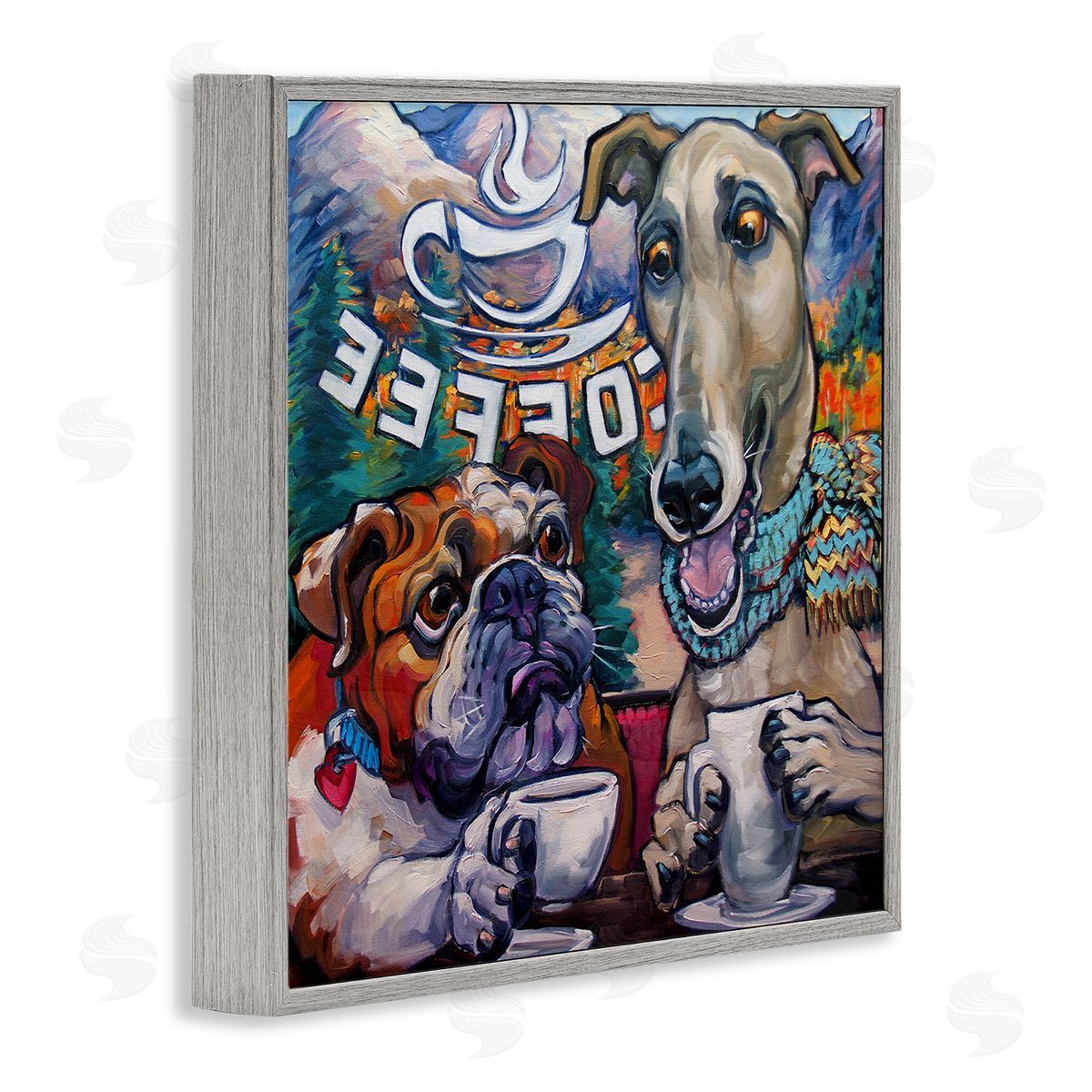CR Townsend Dogs at Coffee Shop Gray Framed Glicee Wall Art Print