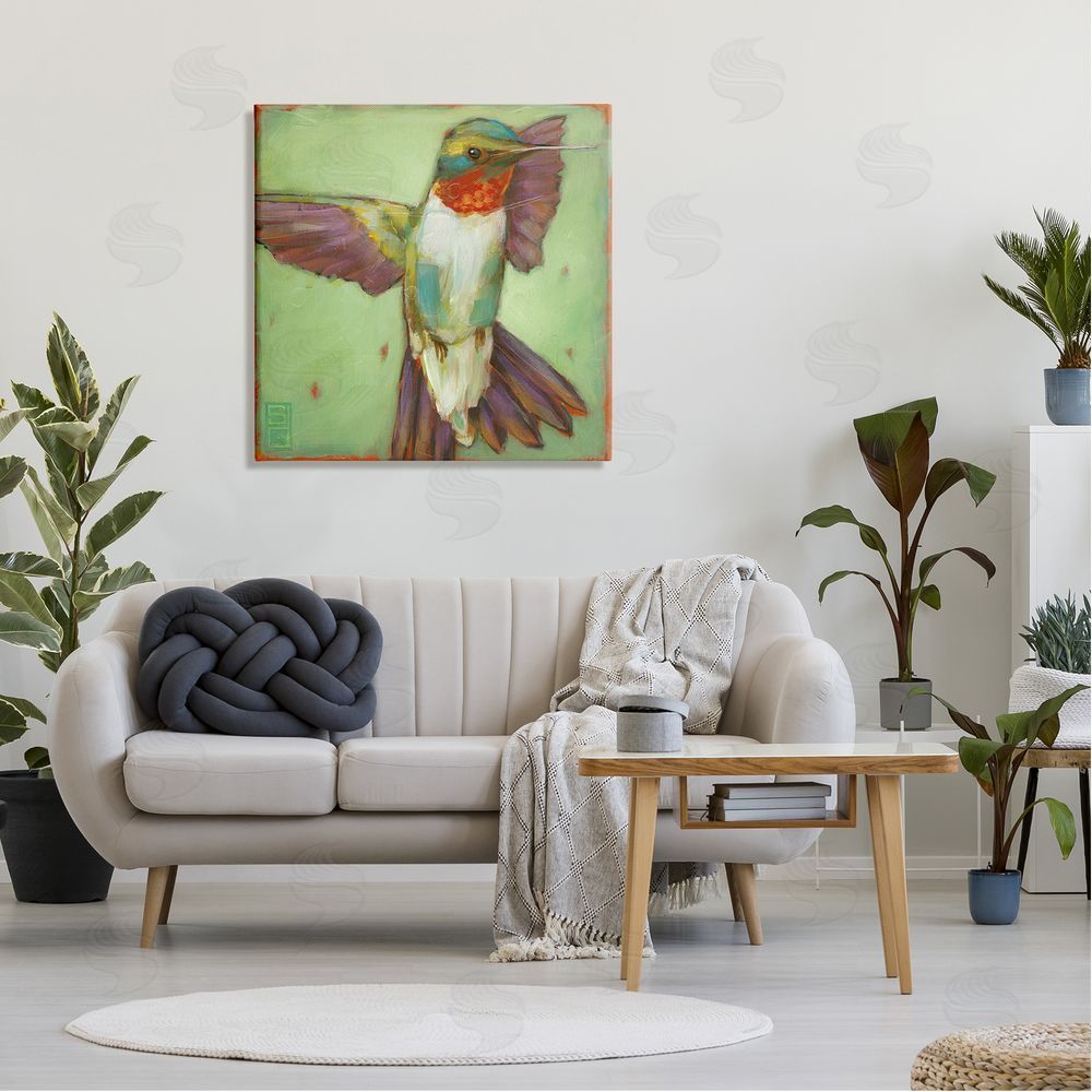 Stacy D'Aguiar Green Hummingbird Flying Canvas Wall Art in Room