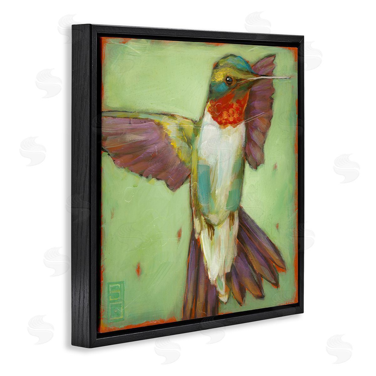 Stacy D'Aguiar Green Hummingbird Flying Black Floating Frame Canvas Wall Art Print