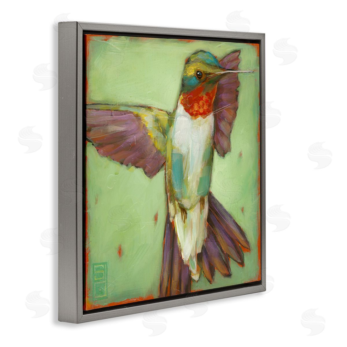 Stacy D'Aguiar Green Hummingbird Flying Gray Floating Frame Canvas Wall Art Print