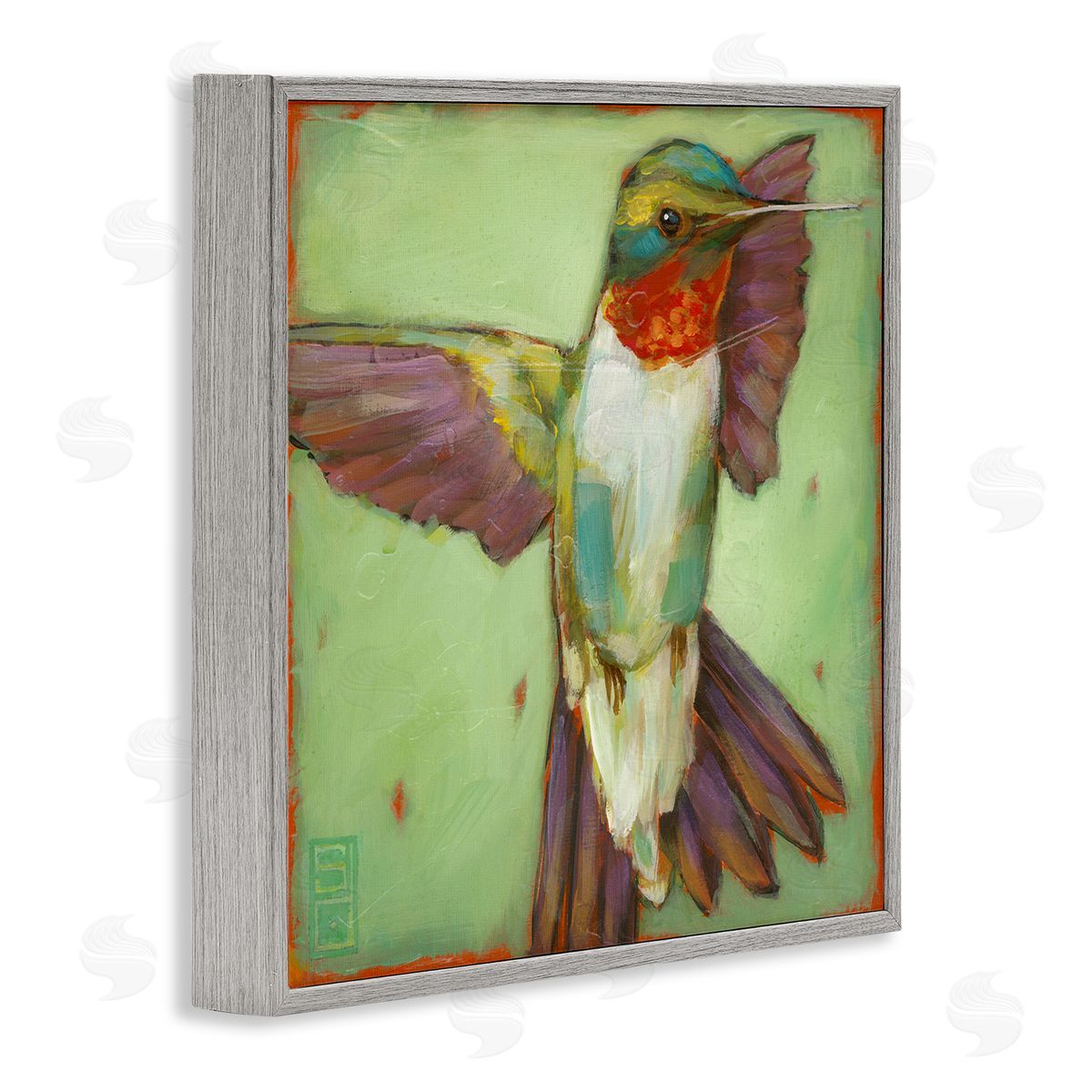 Stacy D'Aguiar Green Hummingbird Flying Gray Framed Glicee Wall Art Print