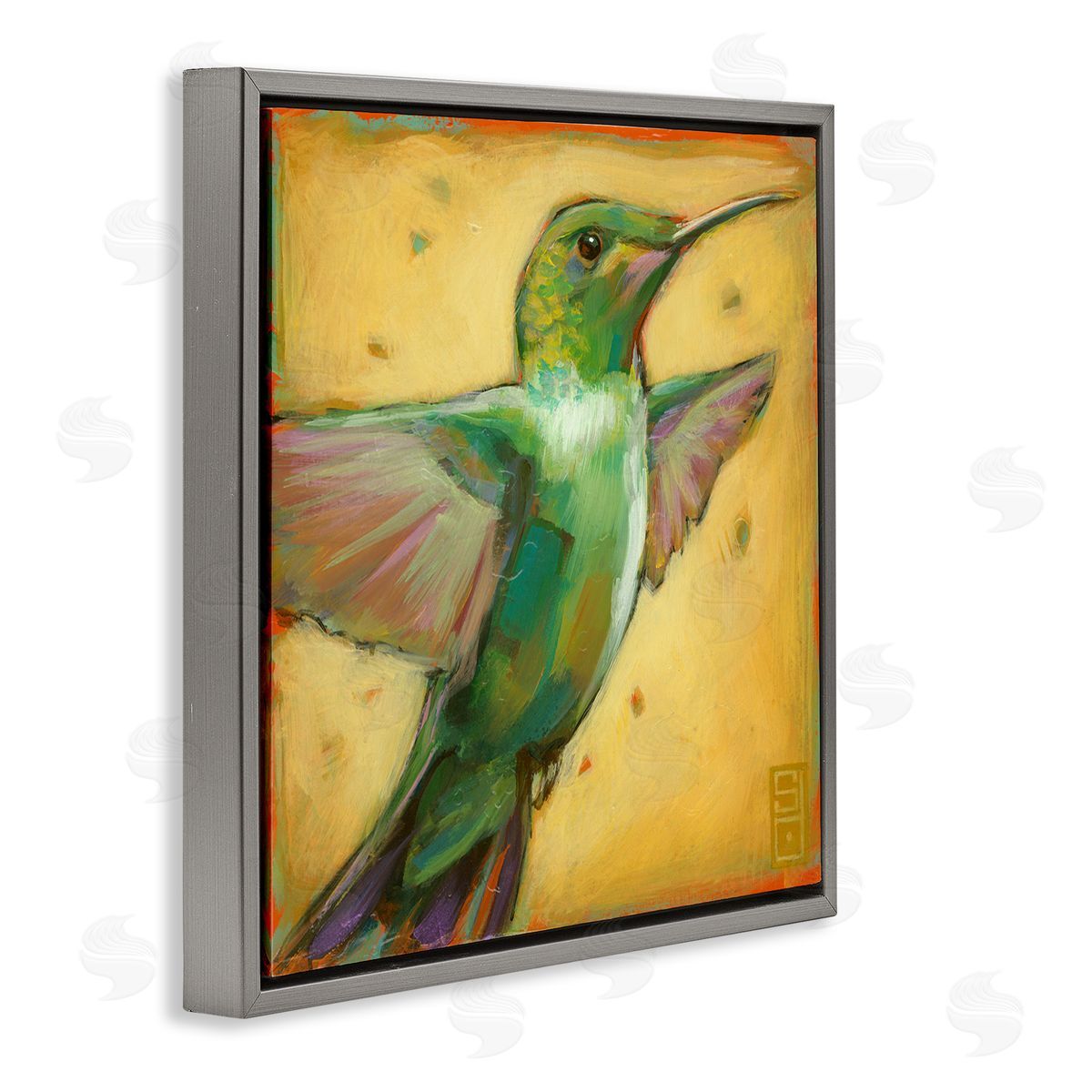Stacy D'Aguiar Flying Hummingbird Painting Gray Floating Frame Canvas Wall Art Print