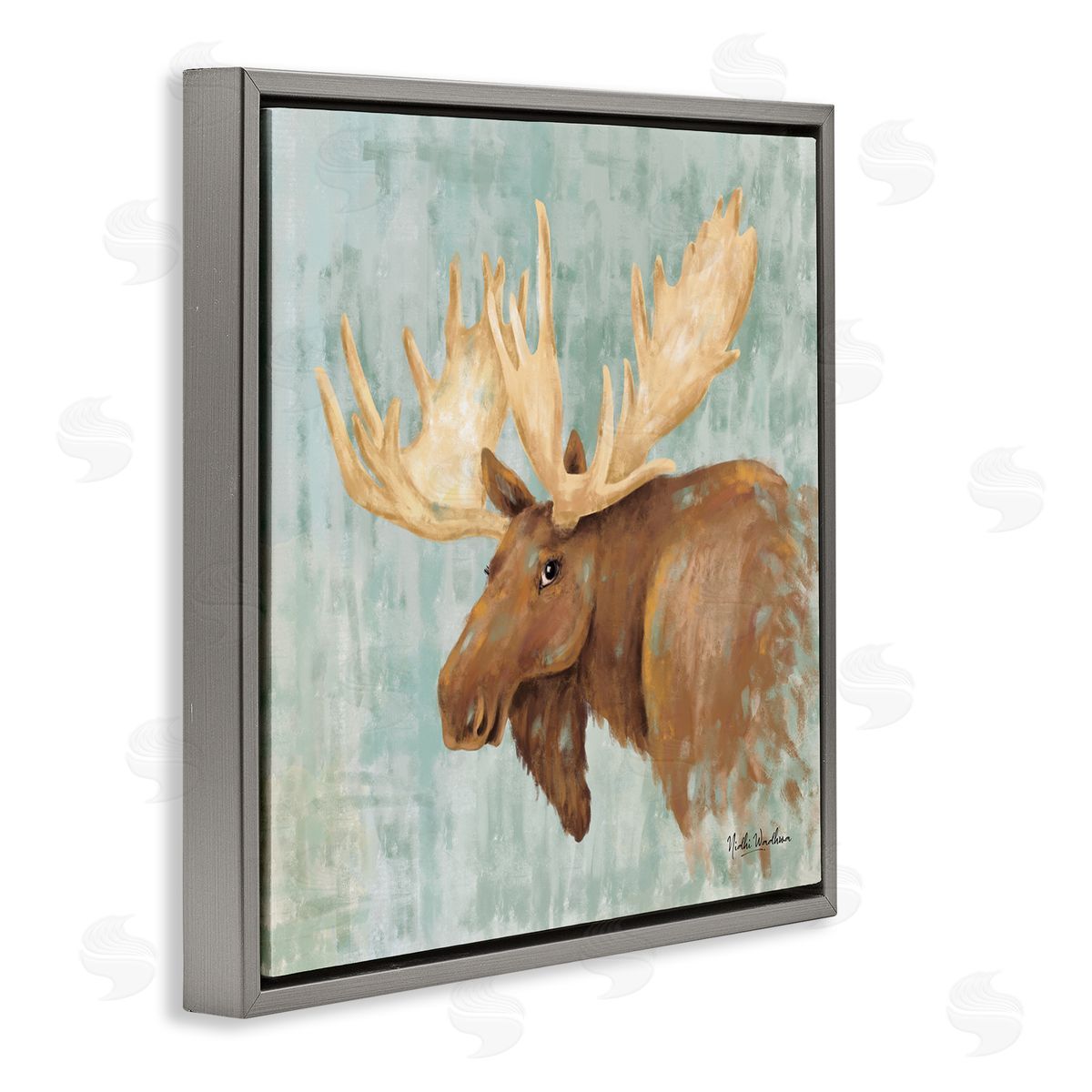 Nidhi Wadhwa Happy Moose Portrait Gray Floating Frame Canvas Wall Art Print