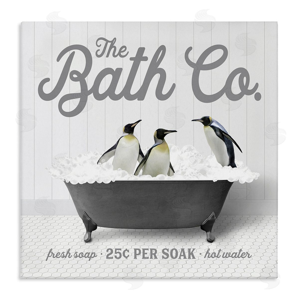 Lettered and Lined Bubble Bath Penguins Stretched Canvas Wall Art Print
