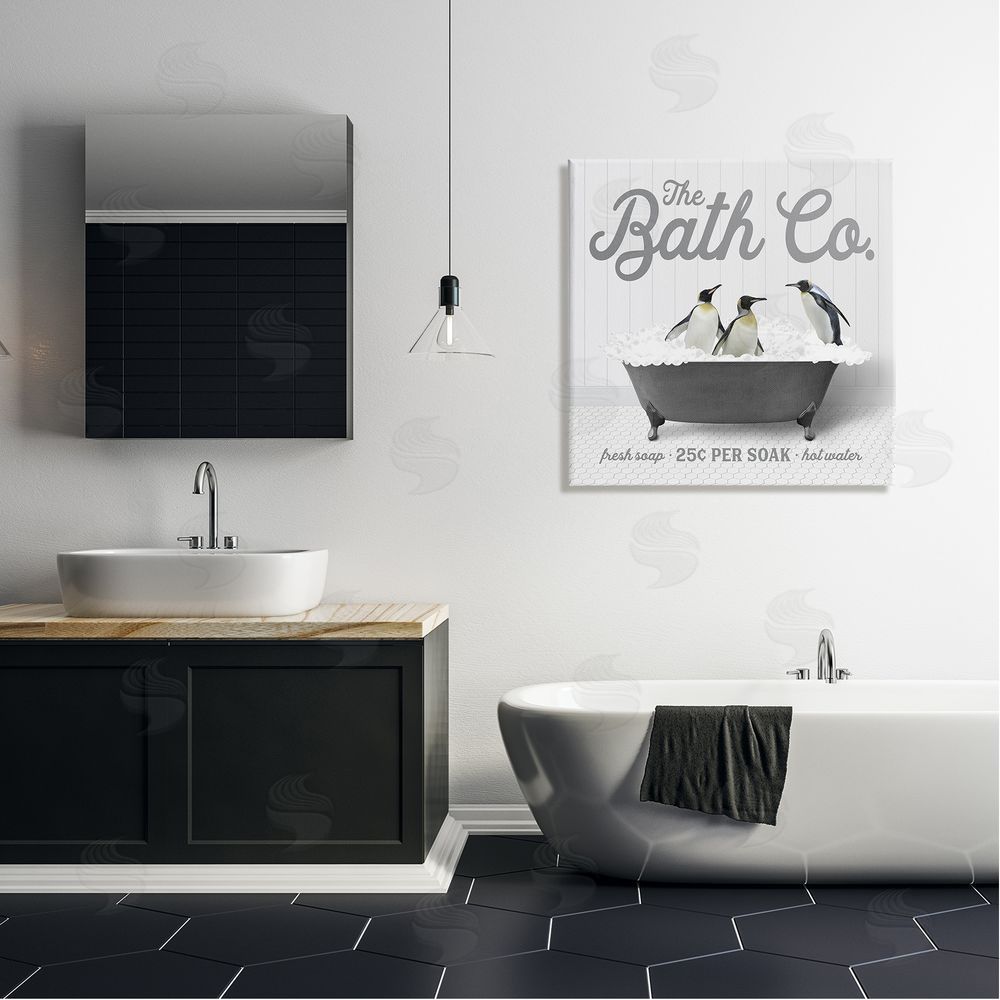 Lettered and Lined Bubble Bath Penguins Canvas Wall Art in Room