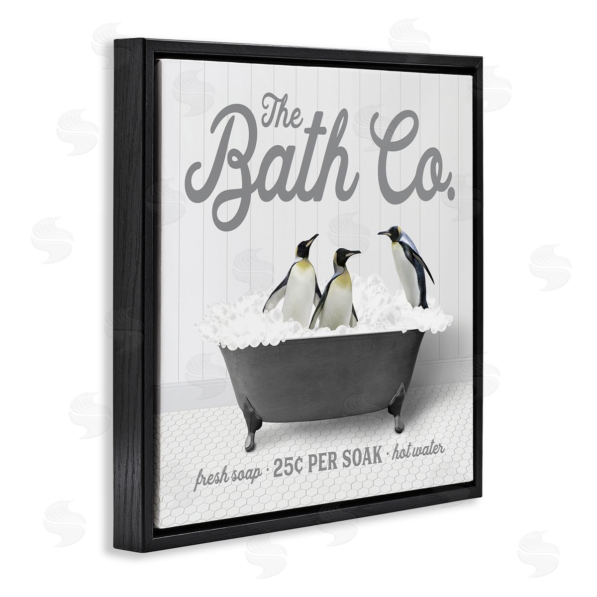 Lettered and Lined Bubble Bath Penguins Black Floating Frame Canvas Wall Art Print