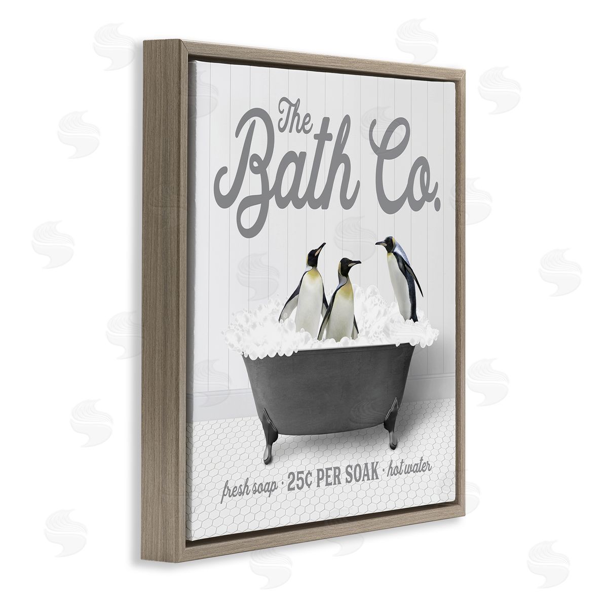 Lettered and Lined Bubble Bath Penguins Brown Floating Frame Canvas Wall Art Print