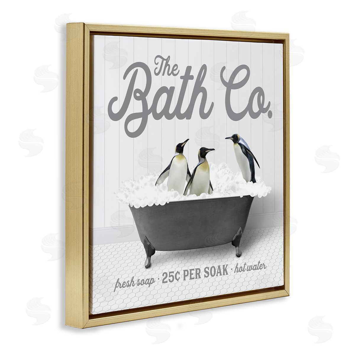 Lettered and Lined Bubble Bath Penguins Gold Floating Frame Canvas Wall Art Print