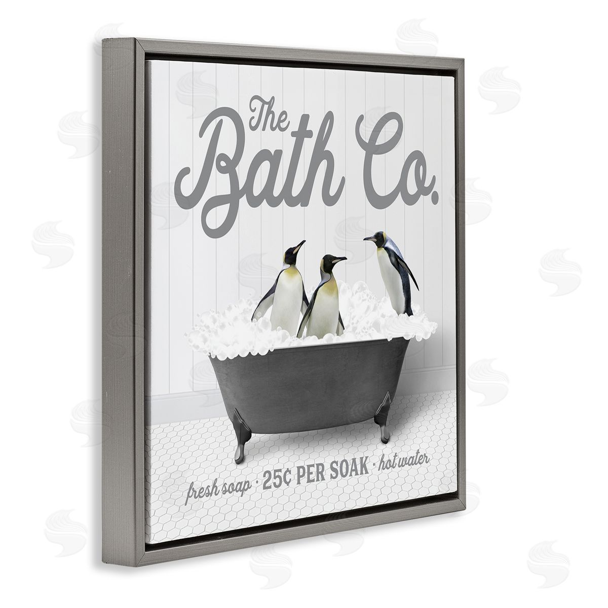 Lettered and Lined Bubble Bath Penguins Gray Floating Frame Canvas Wall Art Print