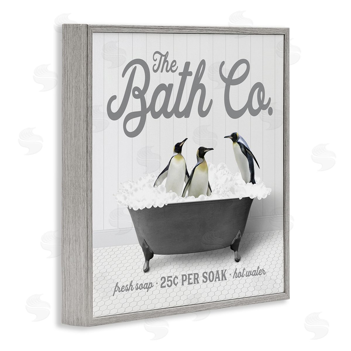 Lettered and Lined Bubble Bath Penguins Gray Framed Glicee Wall Art Print