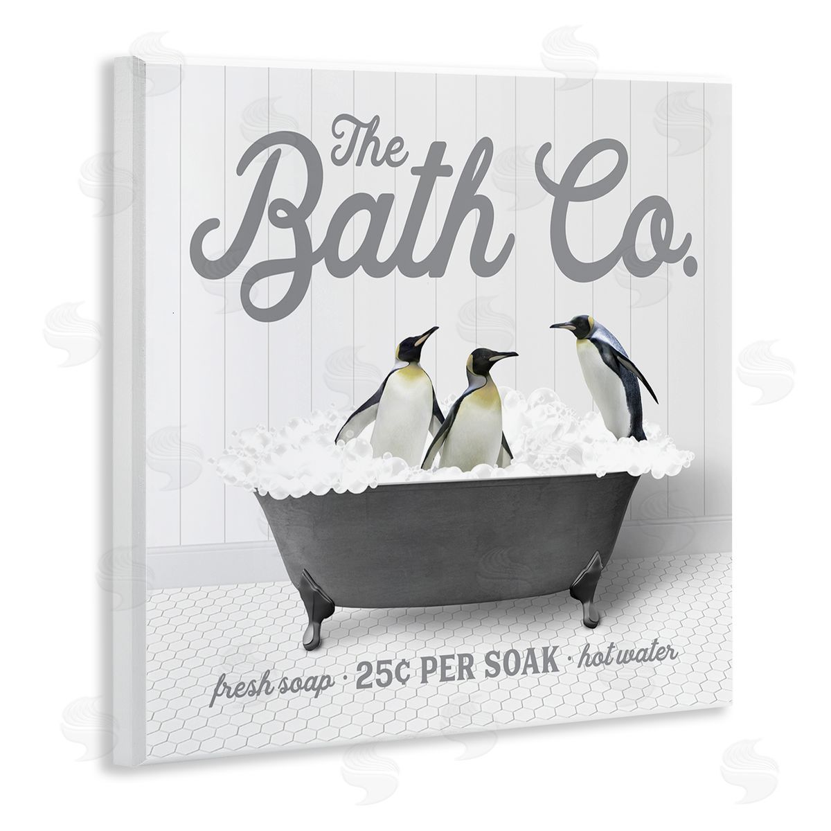 Lettered and Lined Bubble Bath Penguins Wooden Wall Plaque Art Print