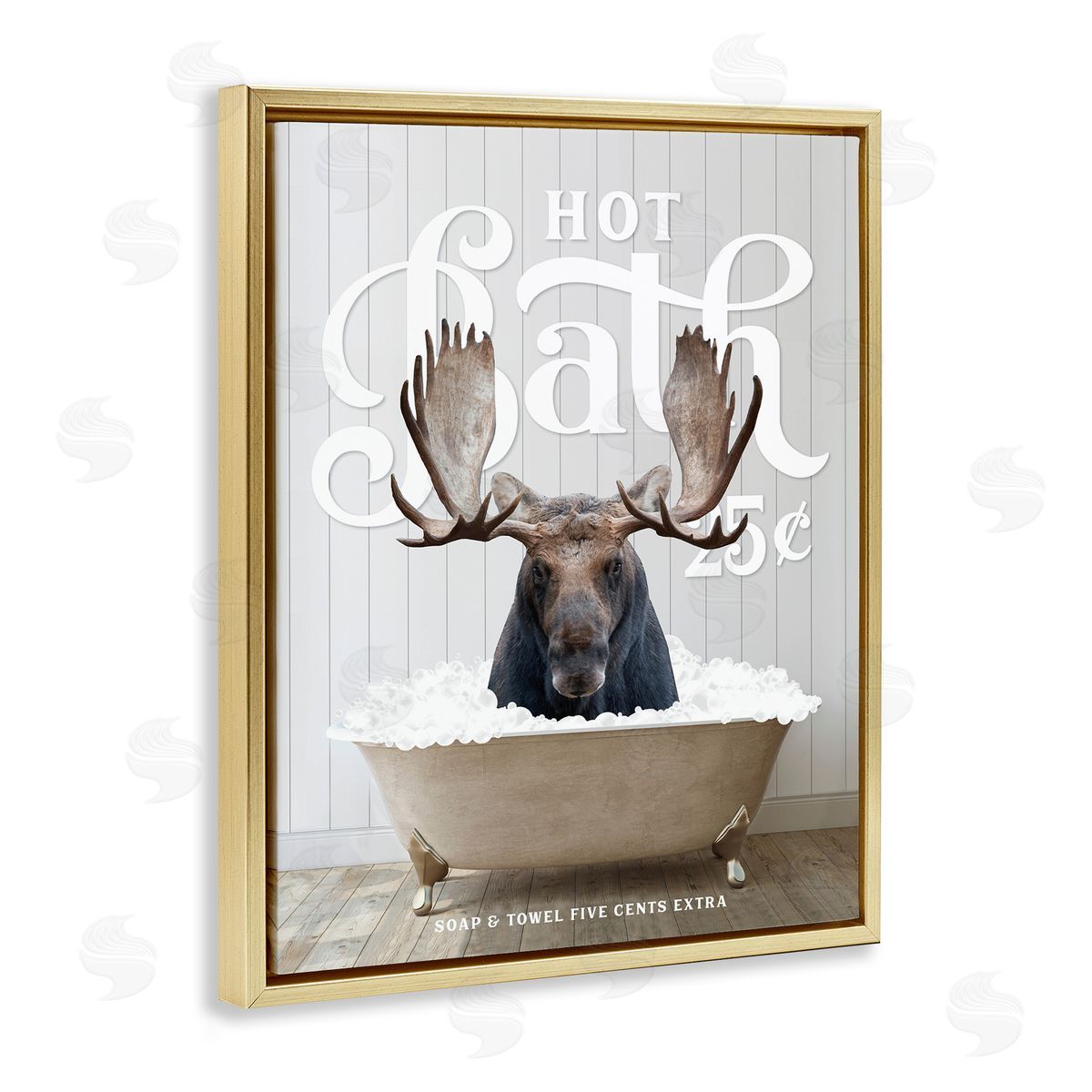 Vintage Bathroom Moose Ad Gold Floating Frame Canvas Wall Art, Home Decor by Lettered and Lined