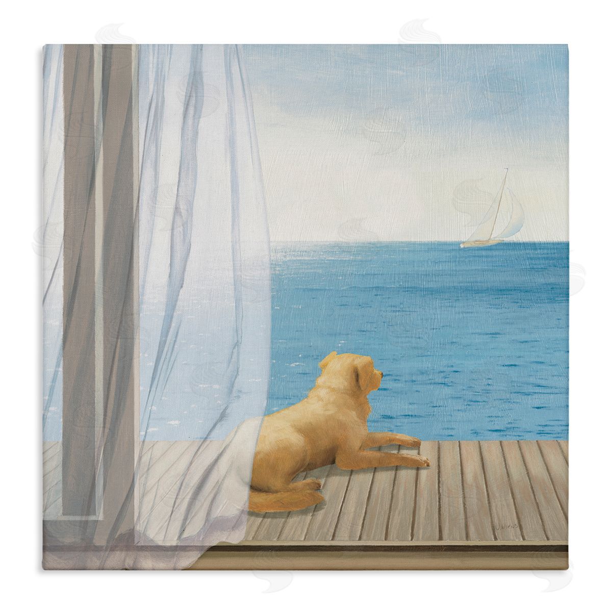 James Wiens Dog in Coastal Window Stretched Canvas Wall Art Print