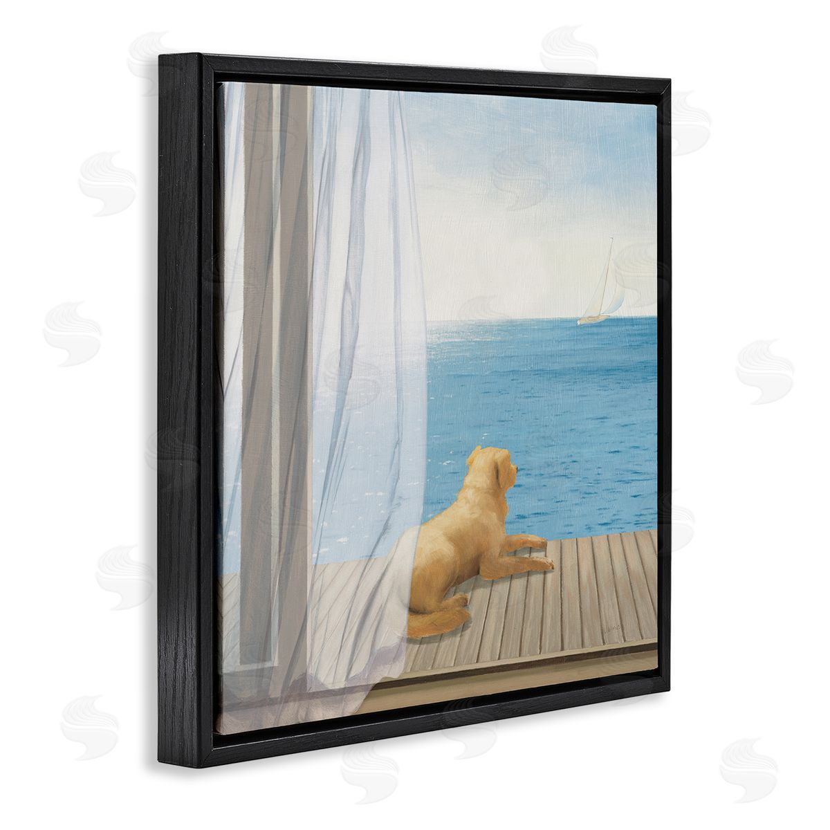 James Wiens Dog in Coastal Window Black Floating Frame Canvas Wall Art Print